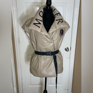 Moncler High Collared Beige Leather Vest Large